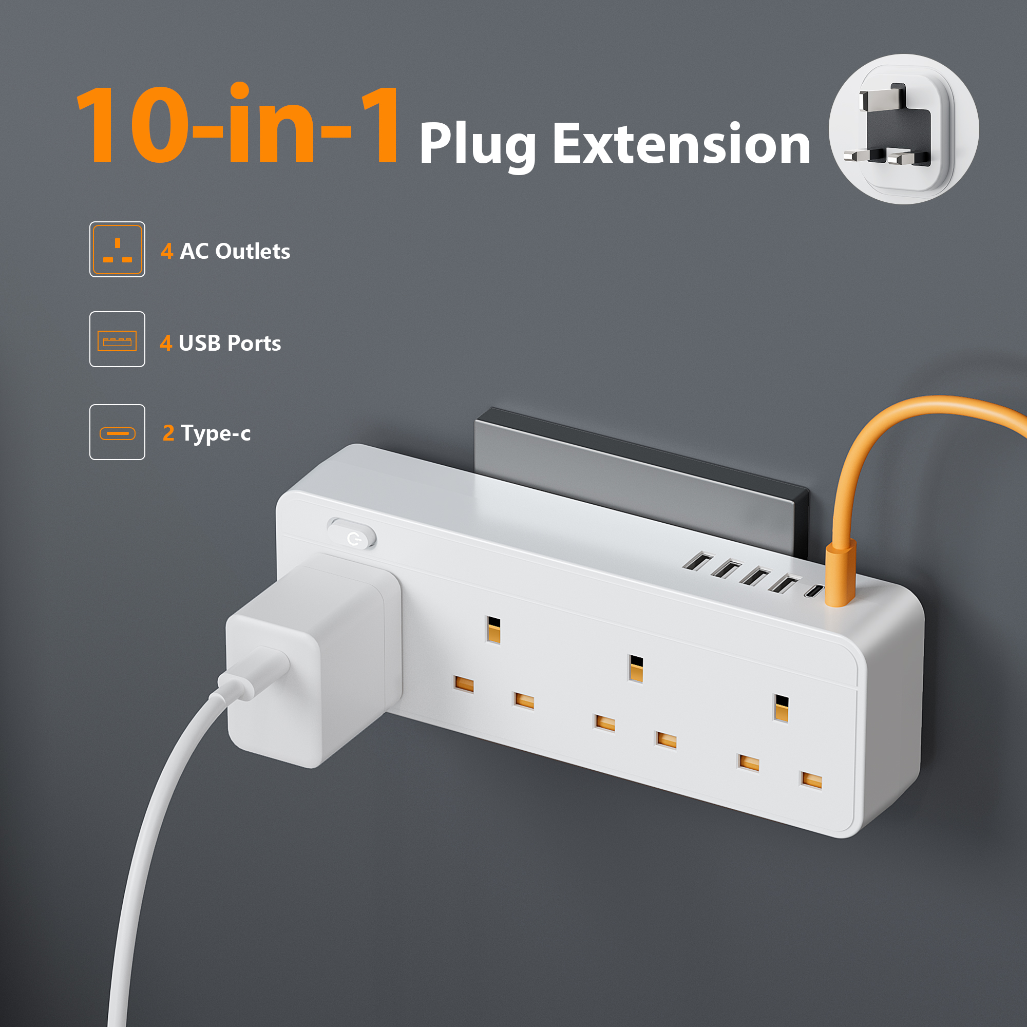 Ac Surge Protector - 10-in-1 British Standard Power Outlet, Power