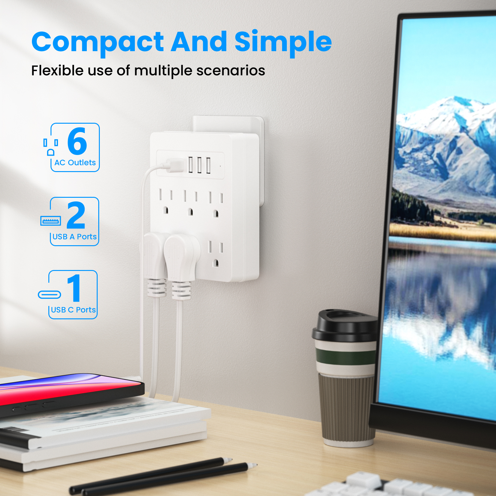 Ac Surge Protector - 6 AC power strip, 3 USB